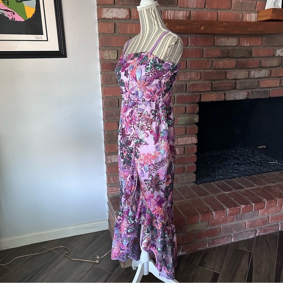 Boston Proper Embroidered Sequin Mesh Ruffle Slit Midi Dress Purple Multi Sz 4 - Picture 8 of 12